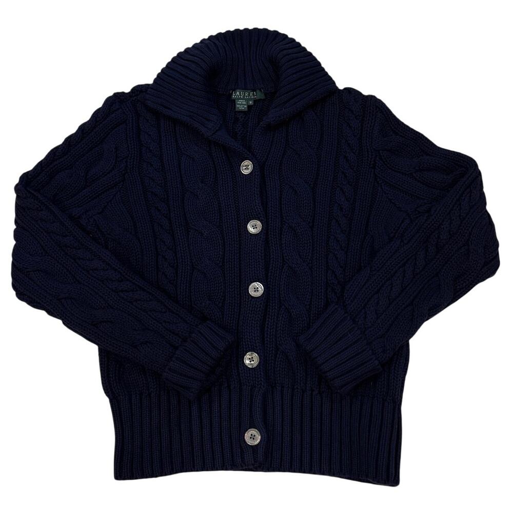 Vtg Lauren Ralph Lauren Cardigan Sweater Womens Med Blue Cable Knit Button Front